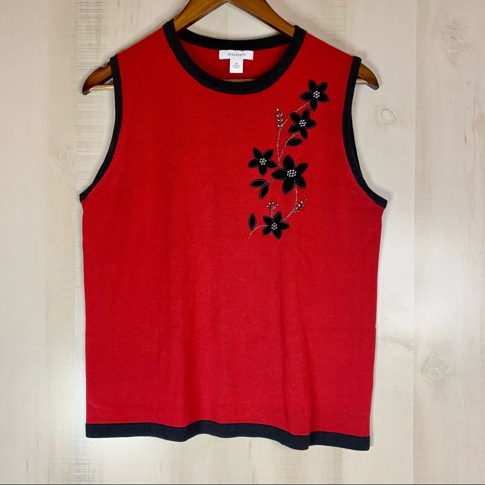 Dressbarn Embellished Sleeveless Top Red Black Medium